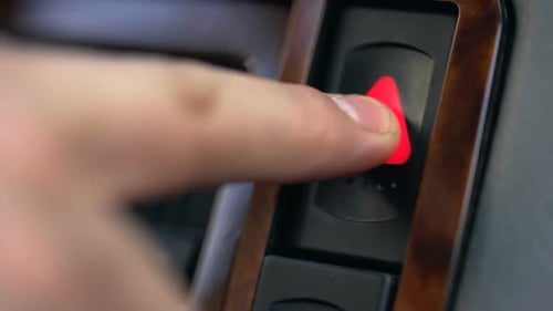 Male Hand Pressing Emergency Button in Auto, Stop by Roadside, Car Accident