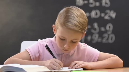 Boy Doing Homework in School Classroom