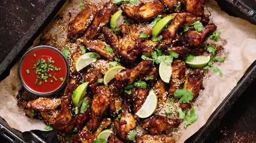 Chicken Wings on Baking Sheet with Dipping Sauce