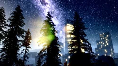 Arranha-céus da cidade à noite com estrelas da Via Láctea