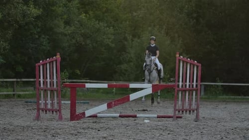 A Woman Jockey in a Black and White Suit on a Horse Makes a Jump Over the Barrier