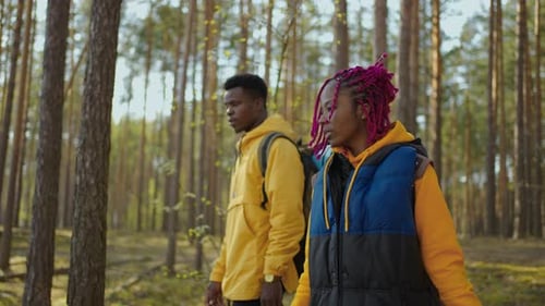 Afroamerican Couple Hiking Trekking in Forest with Backpacks Enjoying Their Adventure Tourism