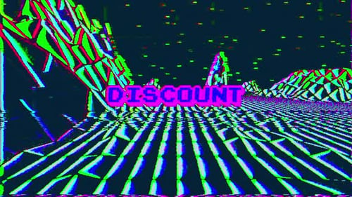 Vídeo juego retro terreno de baja poli y texto de descuento