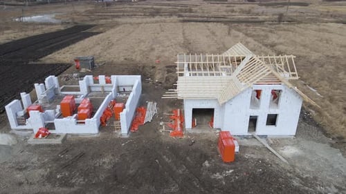 Aerial View of Unfinished Frame of Private House Foundation Under Construction
