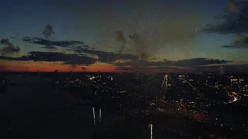 Aerial Colorful Fireworks in Night City Sky Bright Holidays Celebrate New Year