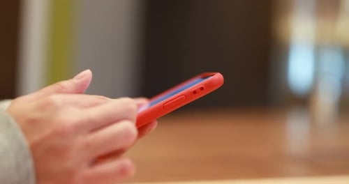 Person's Hands Using a Mobile Phone Indoors