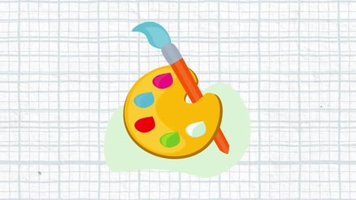 Animation of a painting palette and a brush with blue squares on a white background
