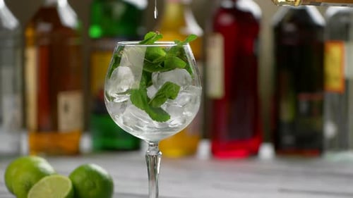 Pouring Liquid Into Glass with Ice and Mint