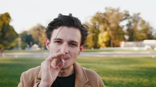 Portrait de beau jeune élégant fumant fumer de la marijuana dans le parc