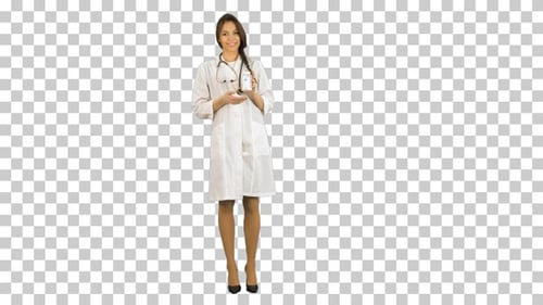 Pretty female doctor describing and advertising, Alpha Channel