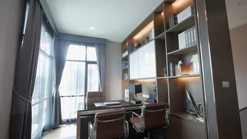Modern Office Interior Design with Desk and Shelving