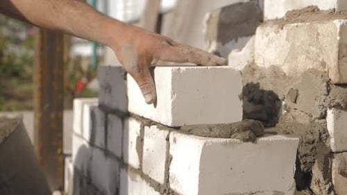 Construction Worker Building Brick Wall Outdoors