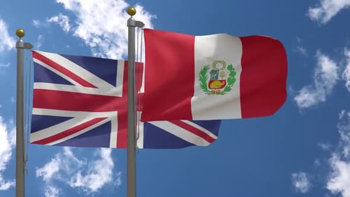 United Kingdom and Peru Flags Waving in Sky