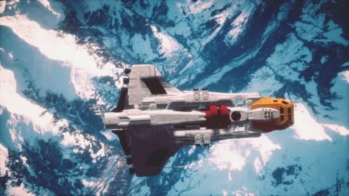 Futuristic Spaceship Flying Over Snowy Planet