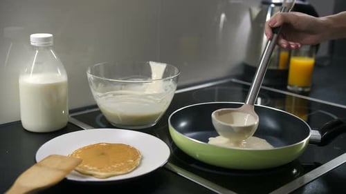 Pancake Batter Poured into a Pan in Kitchen