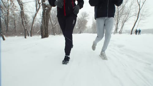 Young Couple Man and Woman are Engaged in Sports Run in Winter Park
