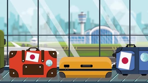 Flat Design Animated Luggage with Japanese Flags at Airport