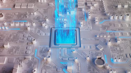 Datenfluss in einem Motherboard im PC. Prozessor zwischen Schaltungen und Elektronik.
CPU