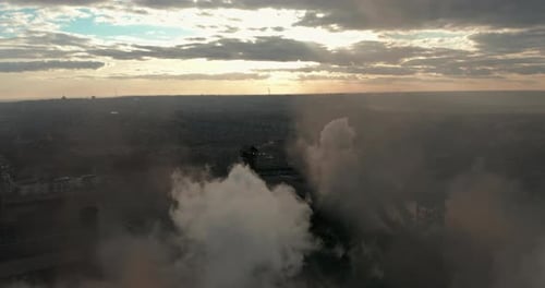 Air Pollution. Clouds of Smoke Coming From the Chimneys of the Plant. Drone Flying Over Smoking