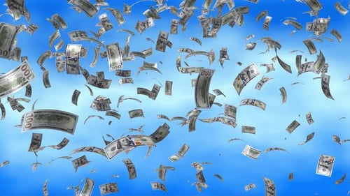 Falling One Hundred Dollar Bills on Blue Sky Animation