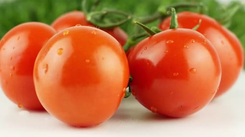Reife natürliche Tomaten aus nächster Nähe. Bio-Tomate, die sich auf grünem Hintergrund drehen. Makroaufnahme.