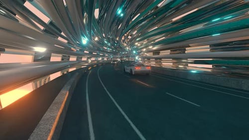 Le mouvement des voitures sur un pont futuriste à fibre optique