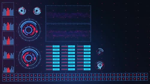 Advanced futuristic graphic interface. Displays abstract diagrams and charts.
