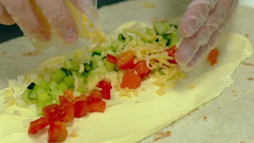 Preparing Flatbread with Cheese and Vegetables