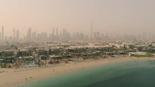 Aerial view of Jumeirah public beach during a dusty day, Dubai, U.A.E.