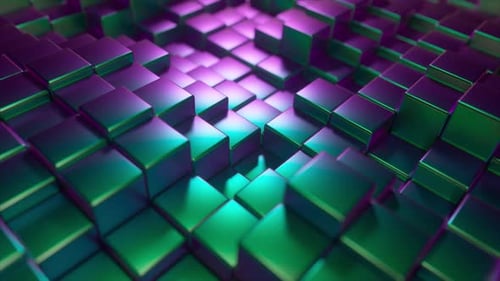 Abstract Grid of Cubes Moving in Vibrant Green and Purple