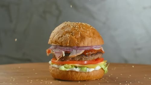 Sesame Seeds Falling on Delicious Burger