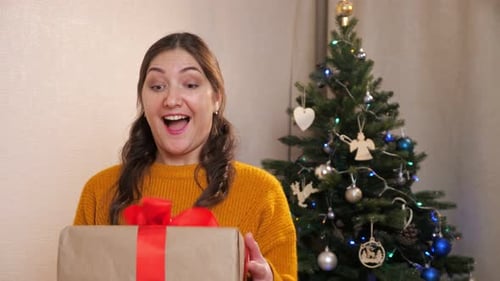 Excited Woman Receives Christmas Present at Home