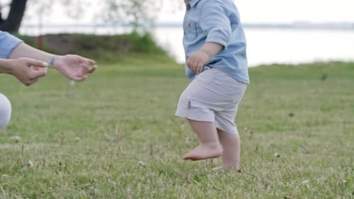 Cute Toddler Boy Walking to Happy Mother