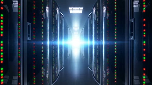 Moving Through Futuristic Digital Data Center Server Racks Hallway