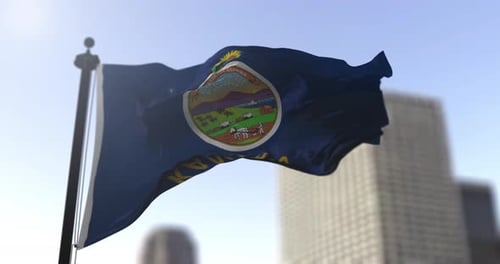 Kansas State Flag Waving in Wind with City Background
