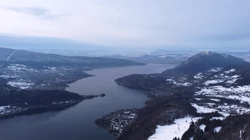 Aerial View of Lake in Snowy Mountain Landscape