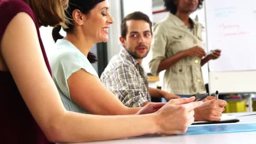 Corporate Team Meeting with Whiteboard Presentation