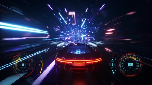 4K looped Speed racing fake 3D Video game with HUD. Neon tunnel