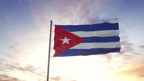 Realistic Cuban Flag Waving Against a Sunset Sky