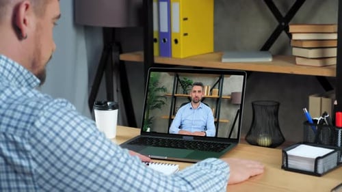 Businessman in Office Talk Top Manager Remote Video Call Webcam Chat Laptop