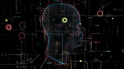 Futuristic Digital Head with Abstract Data and Circuit Elements