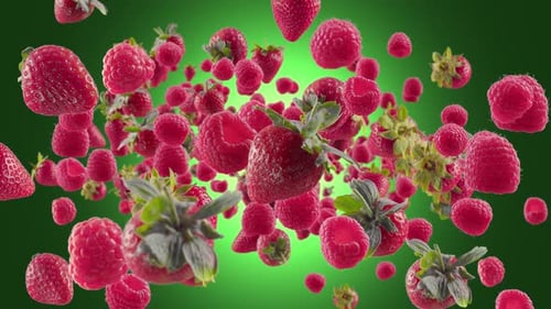 Burst of Strawberry Raspberry in Deep Green Background