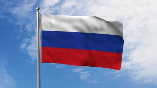 Waving Russian Flag with Pole Against Blue Sky