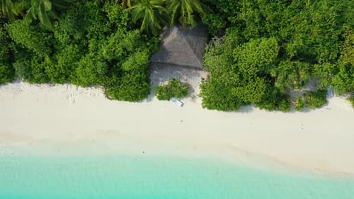 Daytime flying tourism shot of a white sand paradise beach and aqua turquoise water background in co