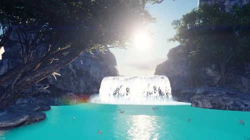 Realistic Waterfall Scene with Bright Sun and Floating Ducks