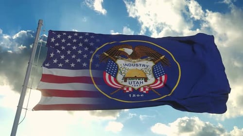 Waving Utah State Flag with United States Flag Overlay
