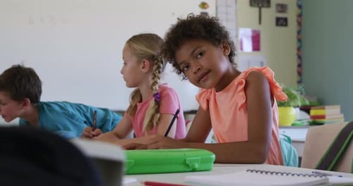 Elementary Students Working at Their Desks in Class