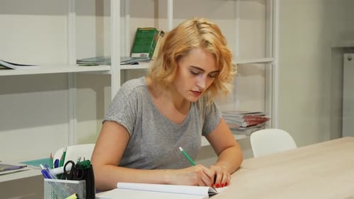 Woman Writing in Notebook at Table Indoors