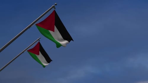 Palestinian Flag Waving in the Wind Against a Blue Sky
