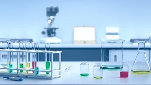 Modern Science Lab with Panning Camera View and Colorful Test Tubes